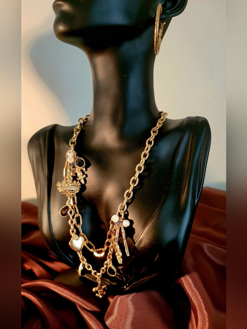 Cookie Lee Gold-Tone Charm Chain Necklace with Crystal Accents & Earrings